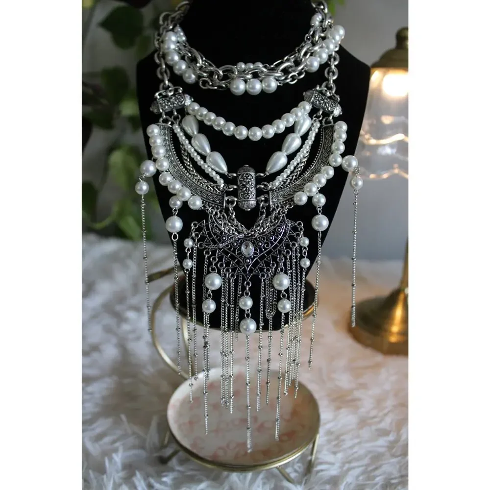 Free People Silver Pearl Statement Bib Necklace Boho Layered Fringe msrp 99